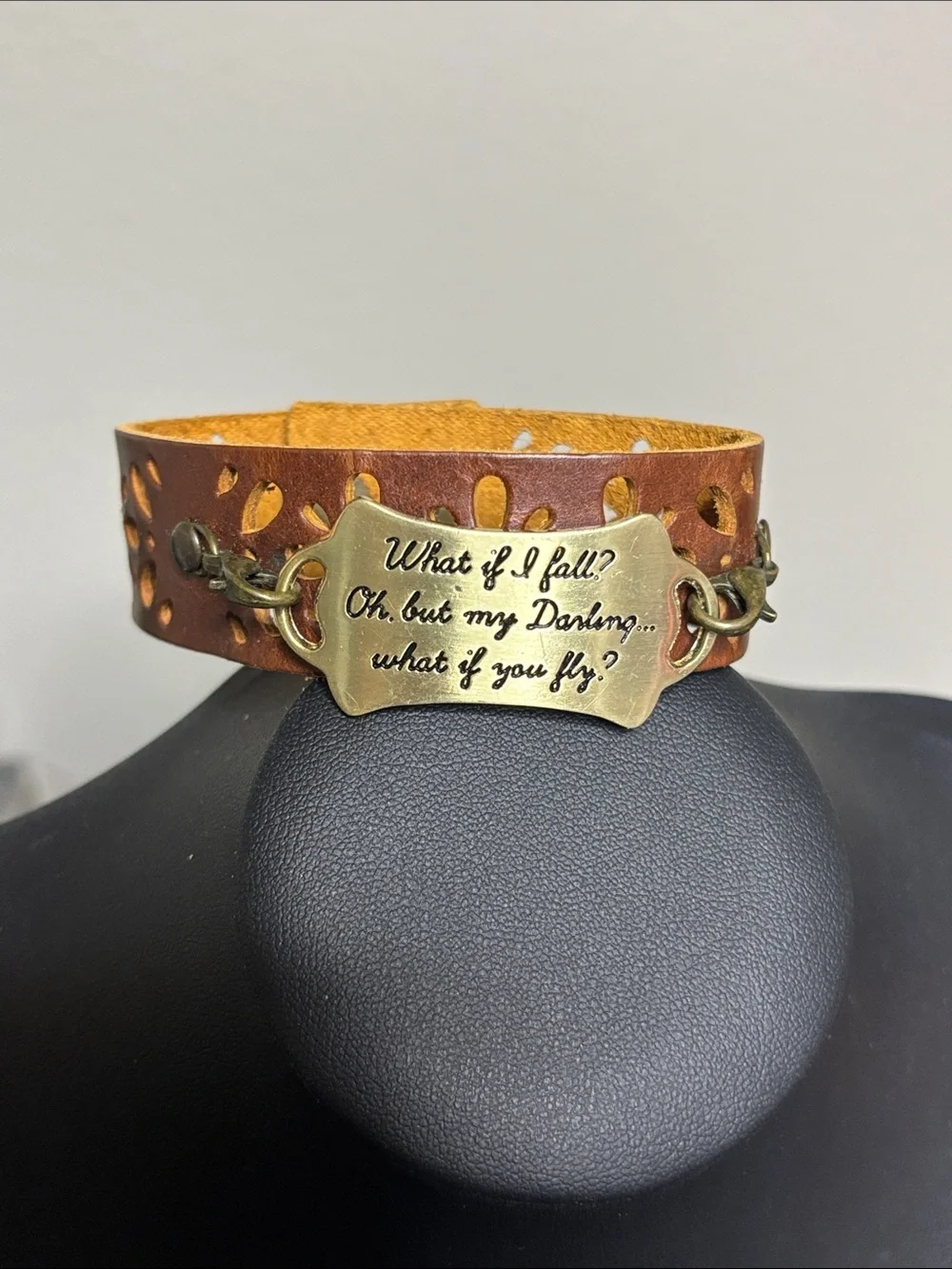 Leather Bracelet with Inspirational Brass Plate - Brown